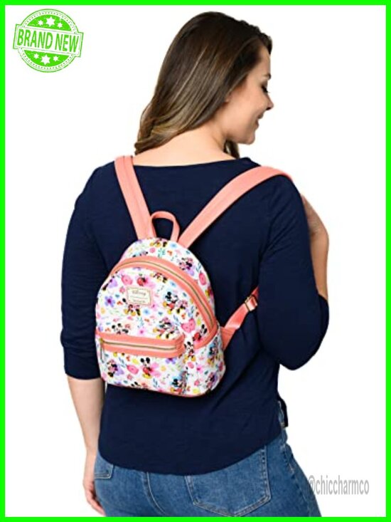Loungefly Mickey Minnie Floral Mini Backpack Faux Leather Gold Hardware